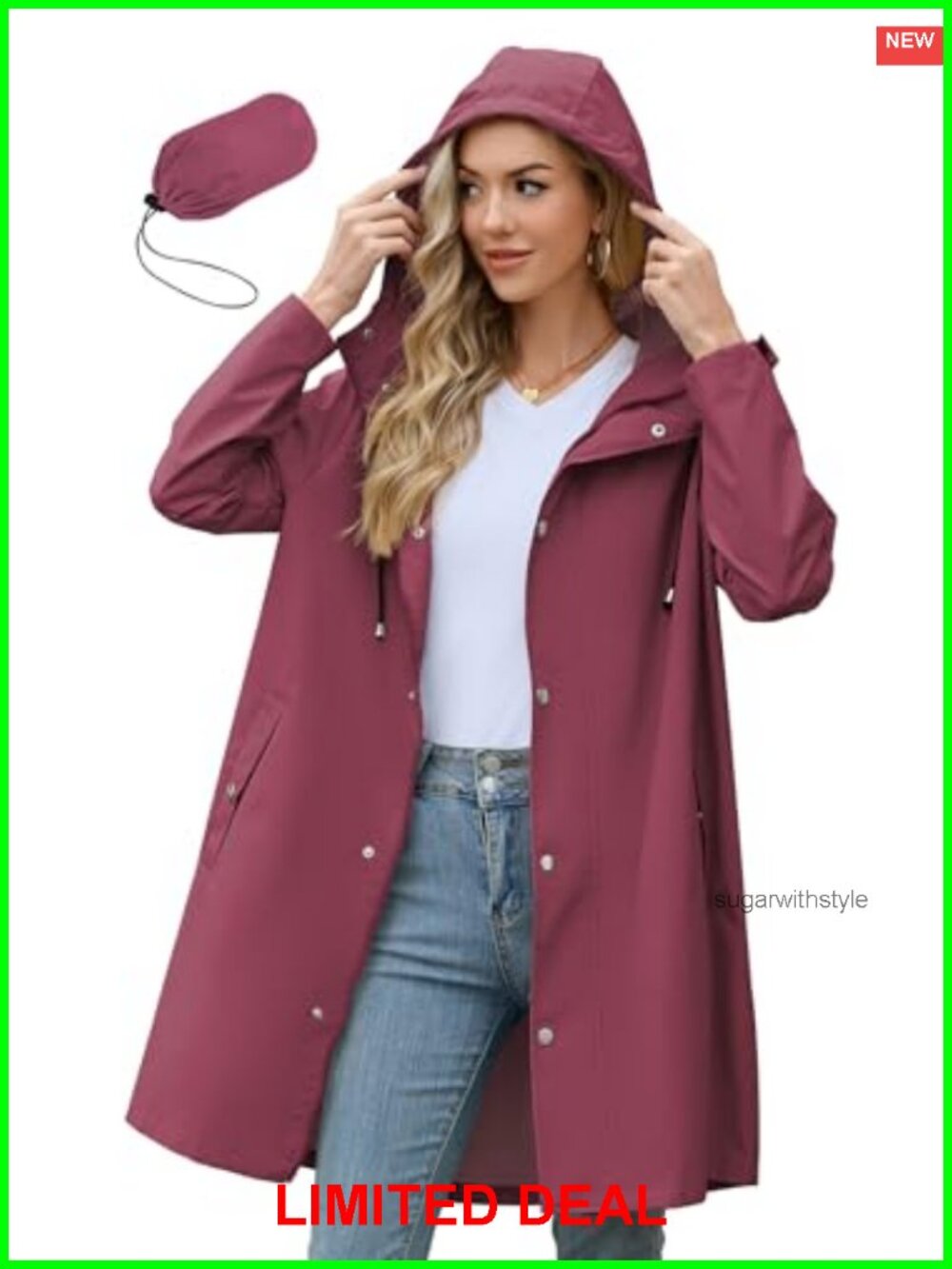 Packable Long Waterproof Rain Jacket with Hood